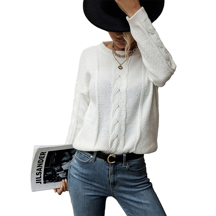 Women Fine Round Neck Sweater with Cable Pattern and Ribbed Hem Mune Fashion