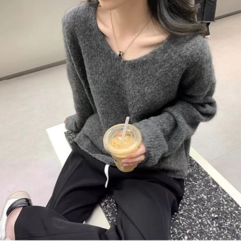 Women Oversize V-neck Mohair-look Pullover with Angora-look and dropped shoulder Mune Fashion
