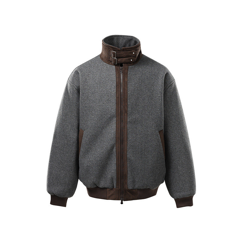 Men's short-cut boxy bomber made of wool blend with high buckle collar and velour trim Mune Fashion