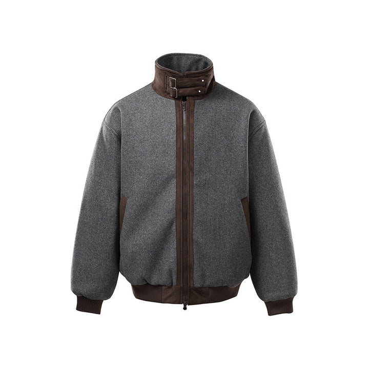 Men's short-cut boxy bomber made of wool blend with high buckle collar and velour trim Mune Fashion