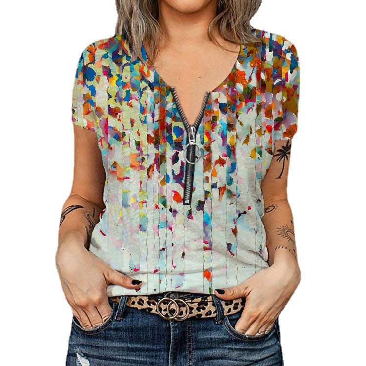 Women's Fashion T-Shirt with Zipper and Floral Design Mune Fashion