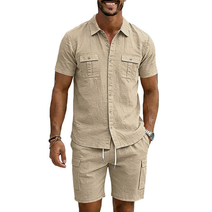Men's summer short-sleeve shirt and cargo bermuda set made of linen blend with chest pockets and drawstring waistband Mune Fashion
