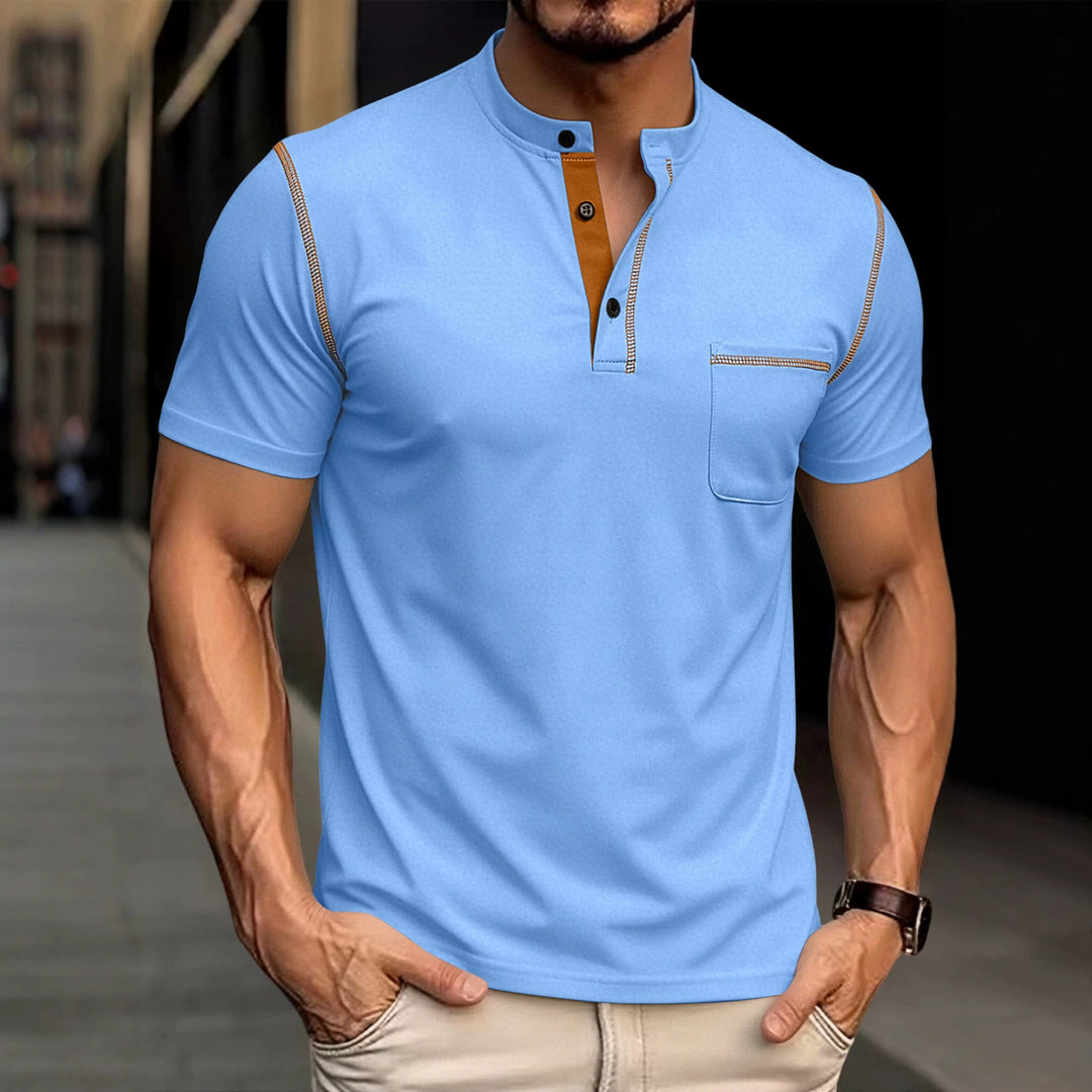 Men's short-sleeved polo shirt with stand-up collar button placket chest pocket made of elastic cotton blend Mune Fashion