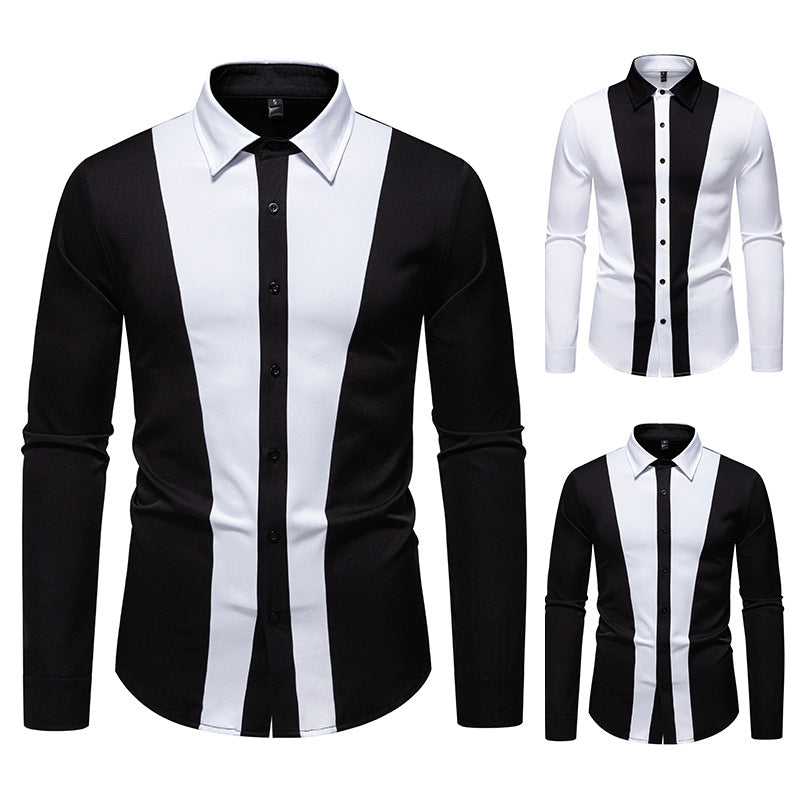 Men's Fitted Long Sleeve Shirt with Contrasting Center Stripes and Kent Collar Mune Fashion