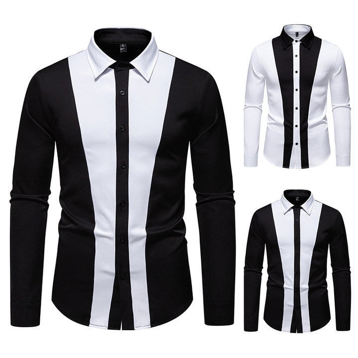 Men's Fitted Long Sleeve Shirt with Contrasting Center Stripes and Kent Collar Mune Fashion