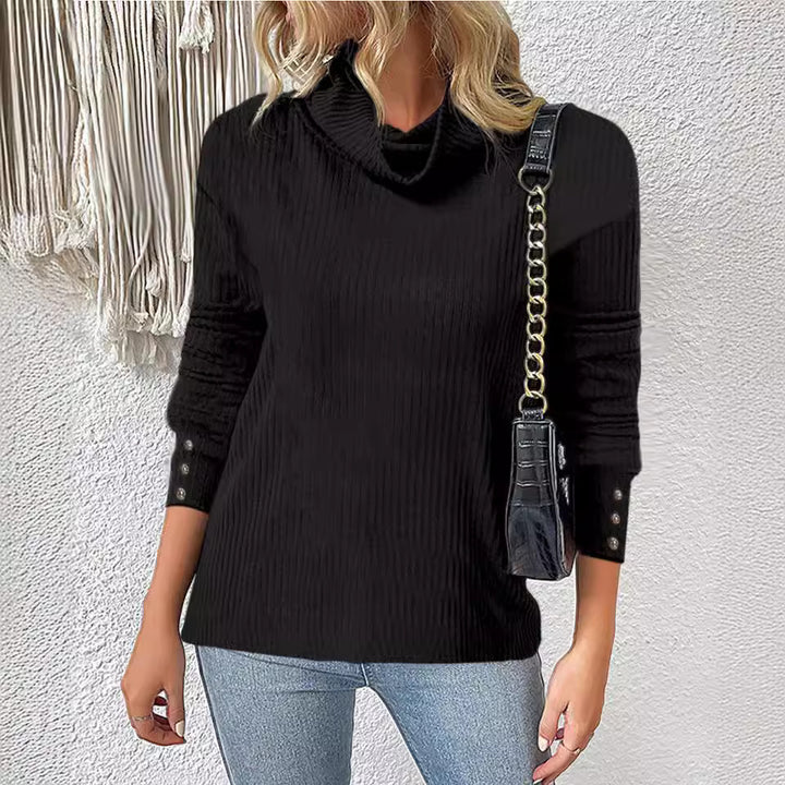 Women's Ribbed Turtleneck Sweater with 3/4 Sleeves and Decorative Button Placket Mune Fashion