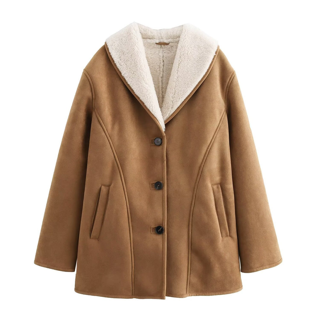 Ladies short coat in velour look with teddy lining and shawl collar Mune Fashion