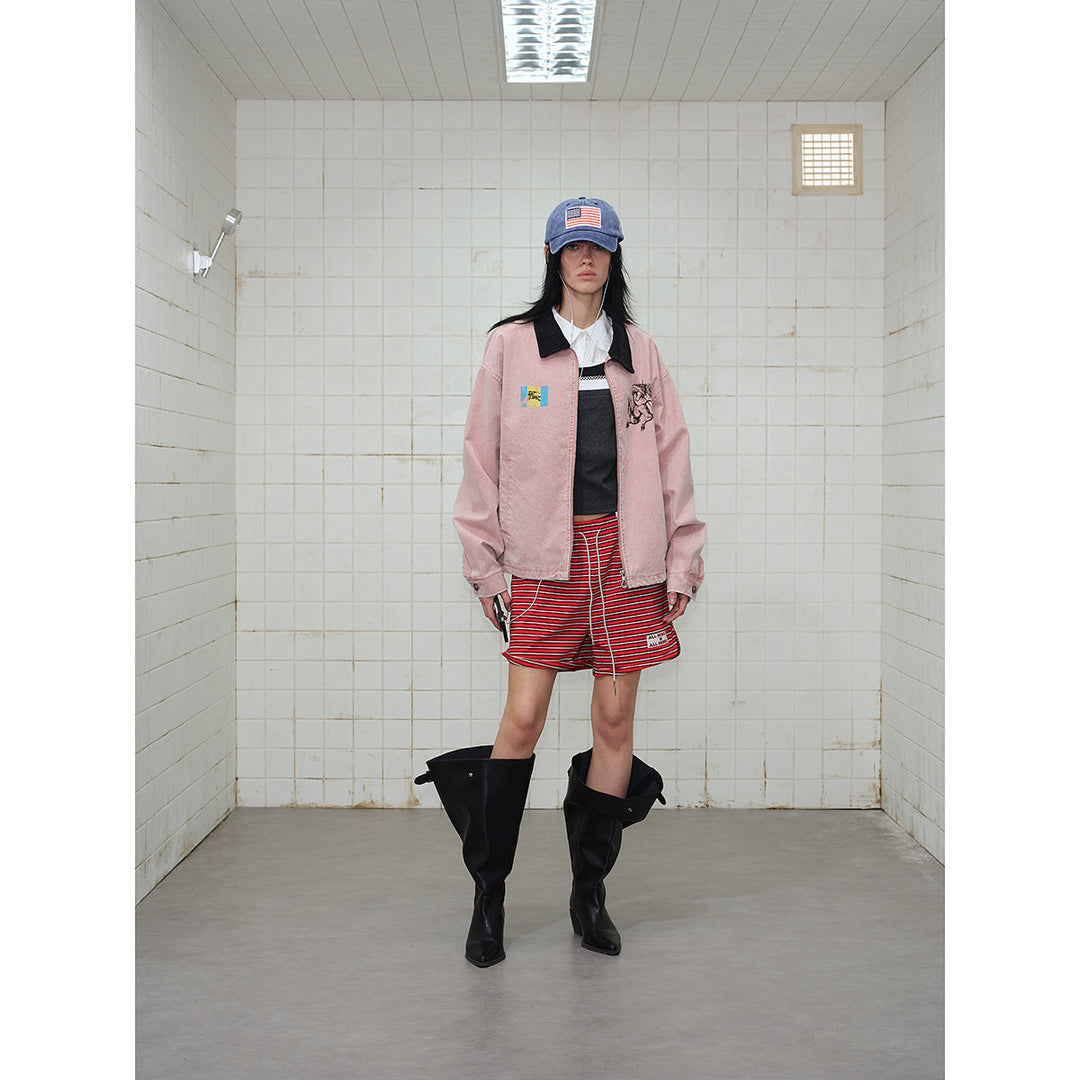 Unisex Boxy Blouson Jacket made of washed cotton twill with cord collar and print details Mune Fashion