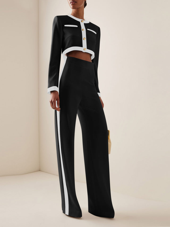 Women's Short Cropped Tailoring Set with Contrast Piping and High-Waist Palazzo Pants Mune Fashion