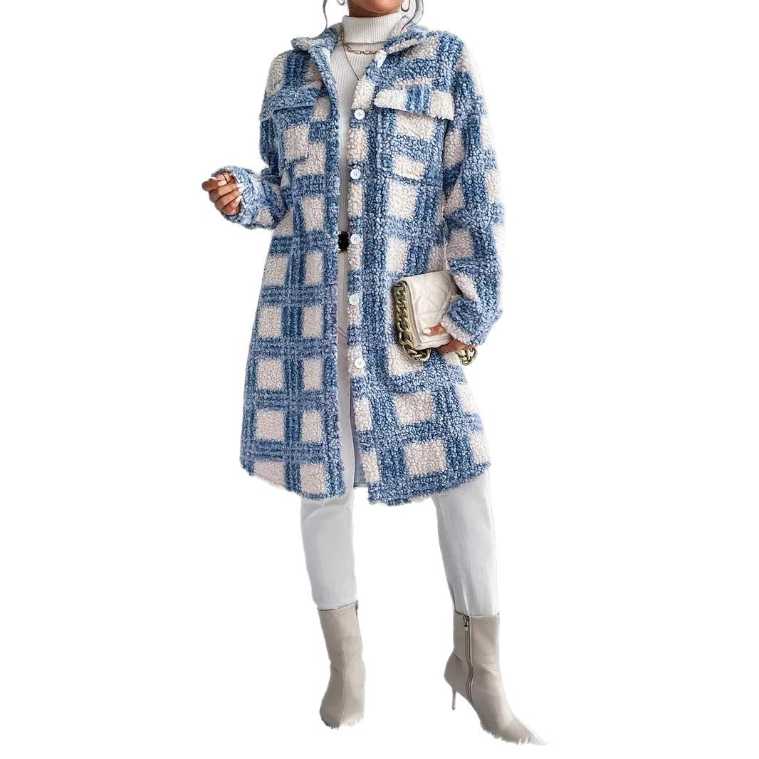 Women's teddy coat with large check pattern, shirt collar, and button closure Mune Fashion