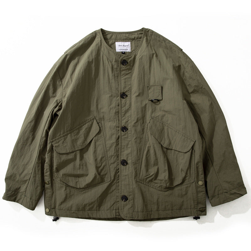 Men's Collarless Utility Field Jacket with Patch Pockets and Drawstring Mune Fashion