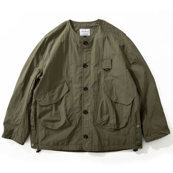 Men's Collarless Utility Field Jacket with Patch Pockets and Drawstring Mune Fashion