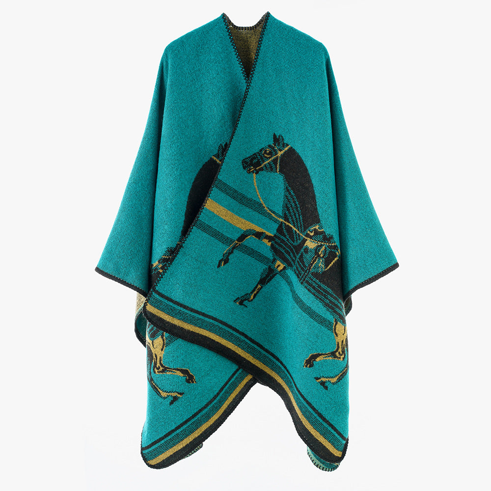 Women's poncho-cape made of wool blend with woven horse jacquard and contrasting piping Mune Fashion