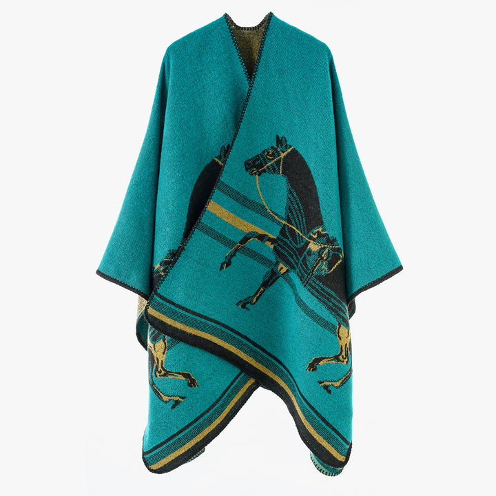 Women's poncho-cape made of wool blend with woven horse jacquard and contrasting piping Mune Fashion