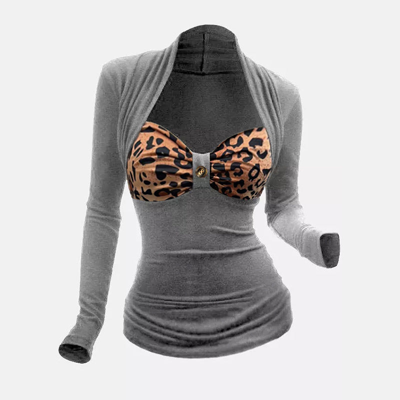 Women's Long Sleeve Shirt with Integrated Leo Bustier and Decorative Button Mune Fashion