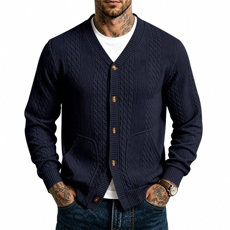 Men's Structured Knit Cardigan with V-Neck and Cable Pattern Mune Fashion