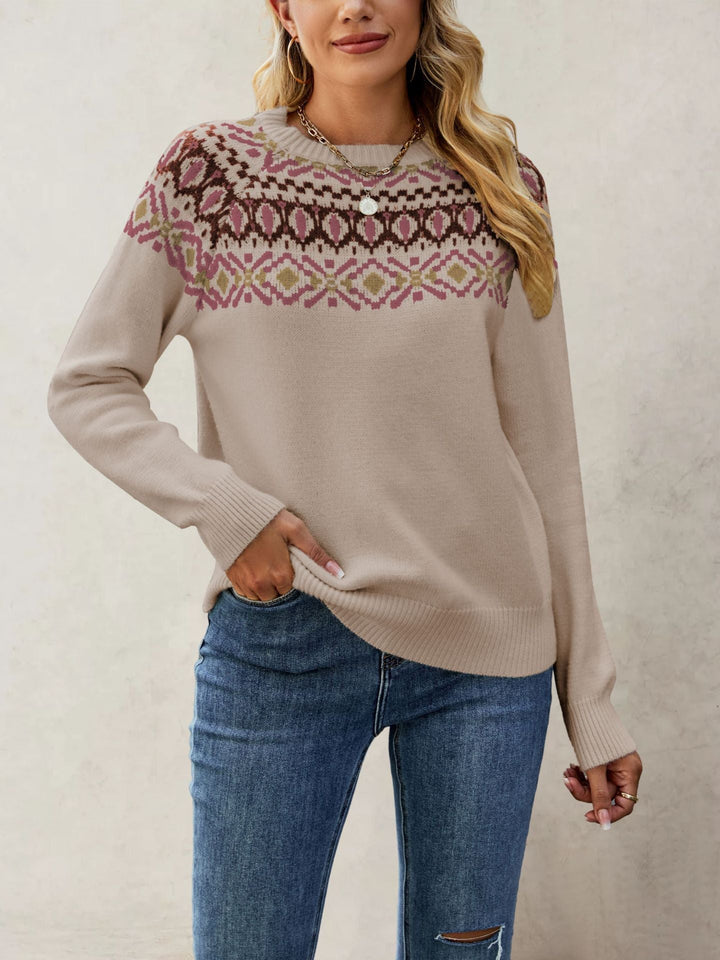 Women's Nordic Pattern Pullover with Round Neck and Casual Cut Mune