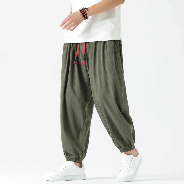 Men's loosely cut linen-cotton pants with drawstring and elastic cuffs Mune Fashion
