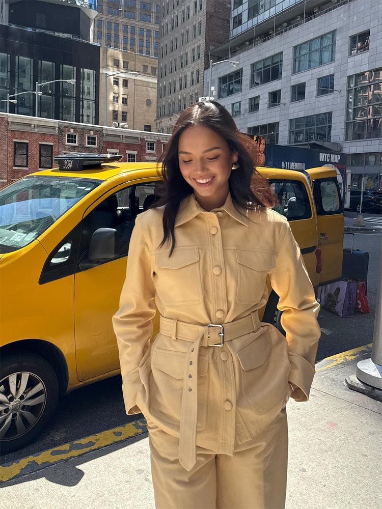 Women's Tailored Utility Jacket in Safari Style with Wide Tie Belt and Flap Pockets