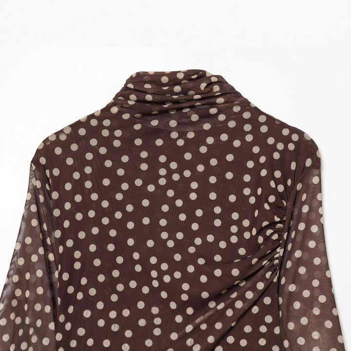 Women's gathered long sleeve mesh top with roll neck and polka dot print Mune Fashion