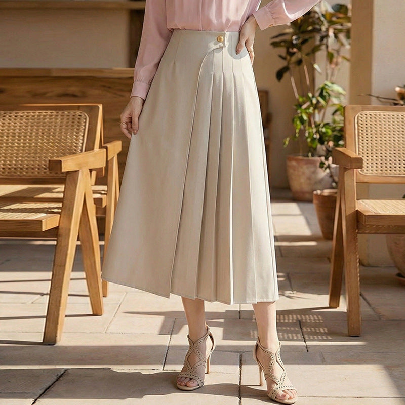 Women's high-waisted A-line skirt with asymmetrical pleats and decorative button closure Mune Fashion