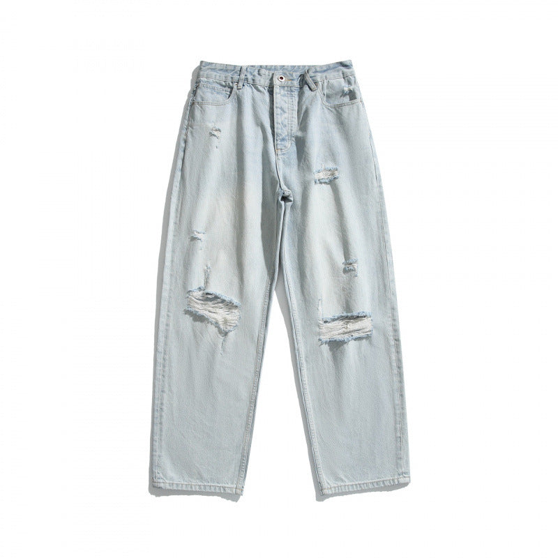 Ladies Baggy Denim Pants with High Waist, Destroyed Details and Straight Leg Mune Fashion