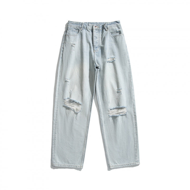 Ladies Baggy Denim Pants with High Waist, Destroyed Details and Straight Leg Mune Fashion