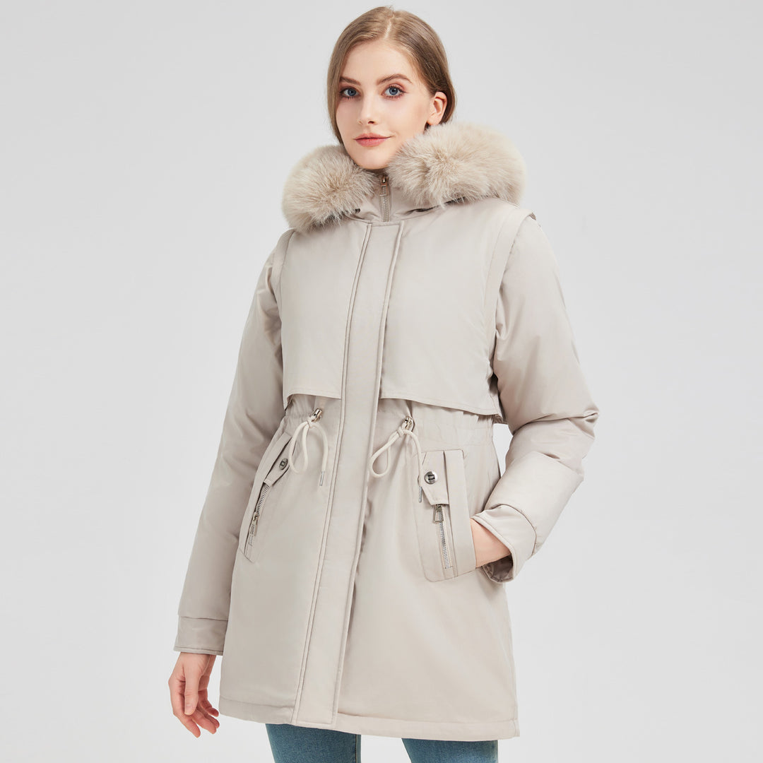 Women's tailored functional parka with asymmetrical front flap, adjustable drawstring, and wind-resistant stand-up collar Mune Fashion
