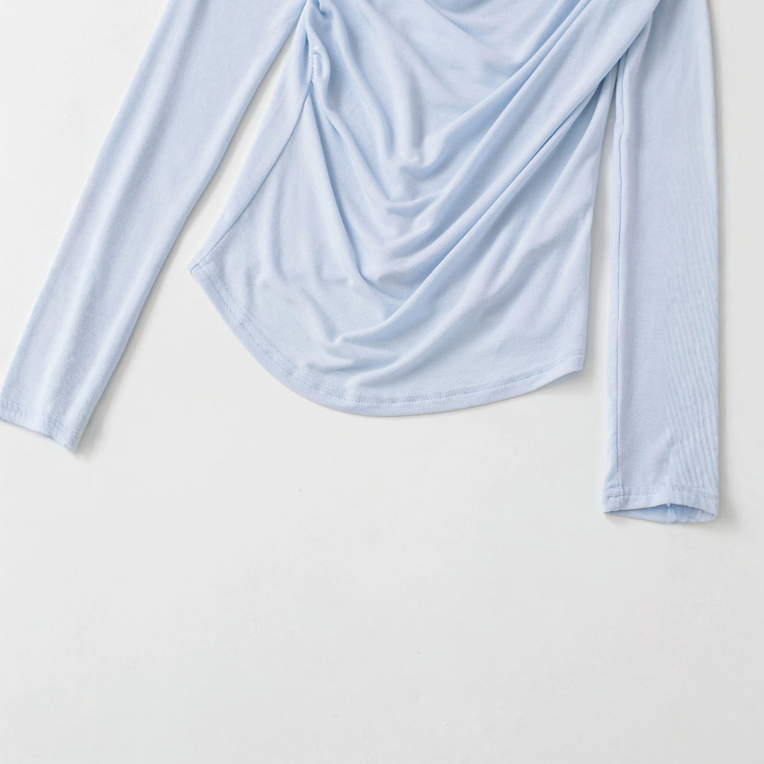 Women's Waterfall Collar Long Sleeve Shirt with Draping and Tailored Wrap Look Mune Fashion