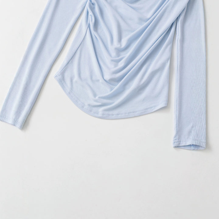 Women's Waterfall Collar Long Sleeve Shirt with Draping and Tailored Wrap Look Mune Fashion