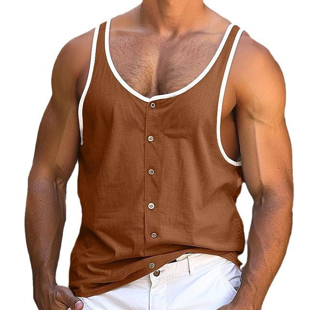 Men's linen look tank top with visible button placket and contrast binding Mune Fashion