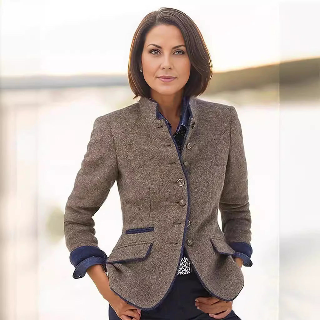 Women Tailored Walk Blazer with Stand Collar, Velvet Trim and Decorative Buttons Mune Fashion