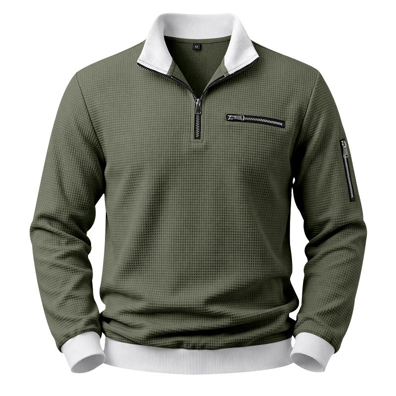 Men's Structured Waffle Sweater with Half-Zip and Zipper Pockets Mune Fashion