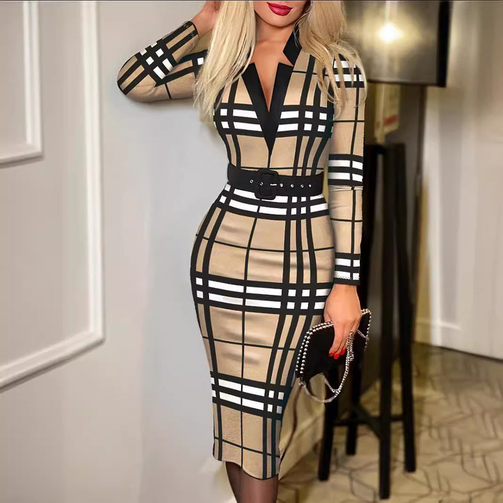 Women's Figure-Hugging Pencil Dress with Waist Belt and V-Neck Mune Fashion