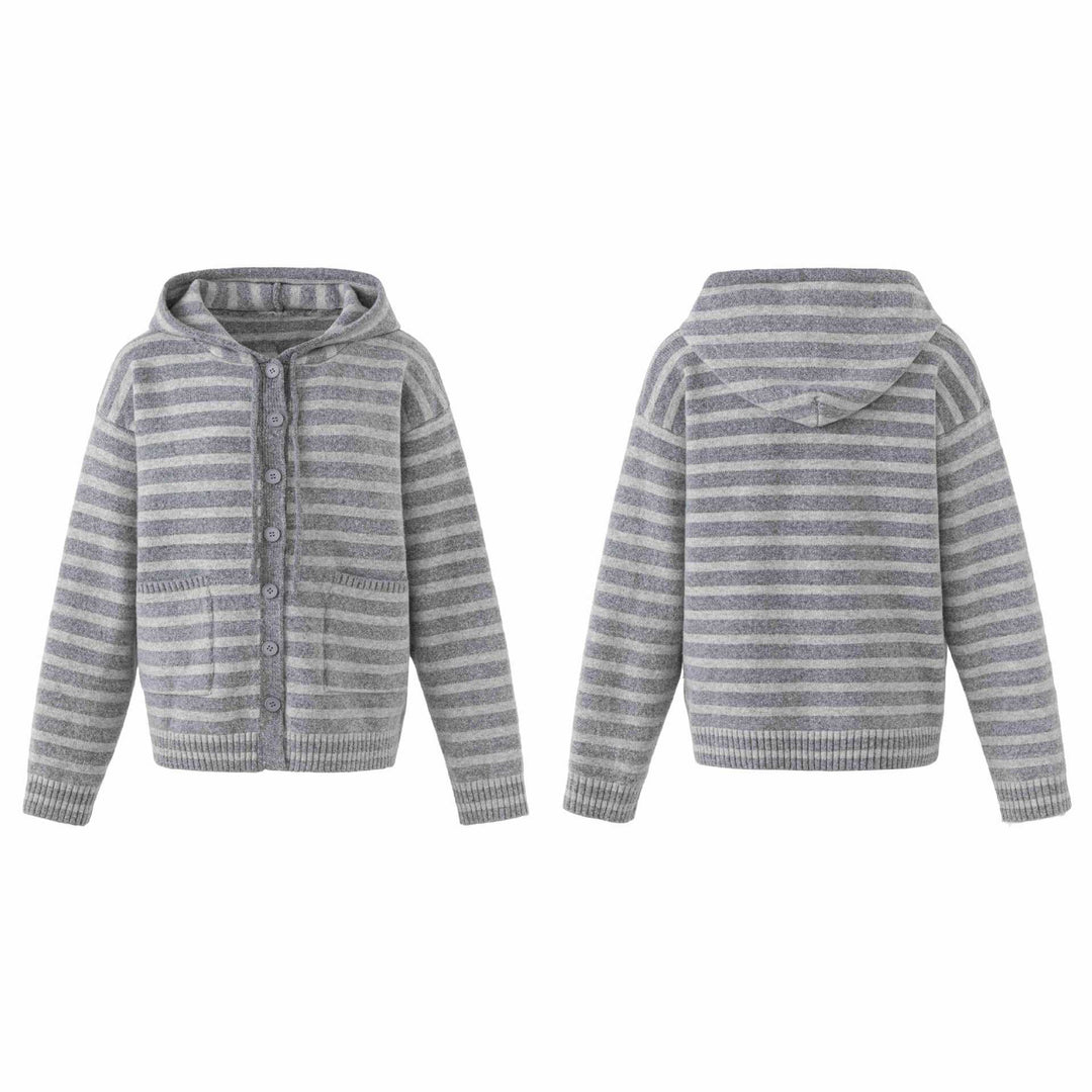 Women's hooded cardigan with button placket and block stripes Mune Fashion