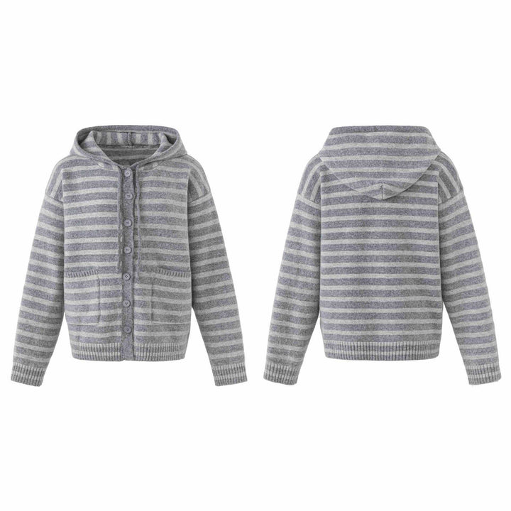 Women's hooded cardigan with button placket and block stripes Mune Fashion