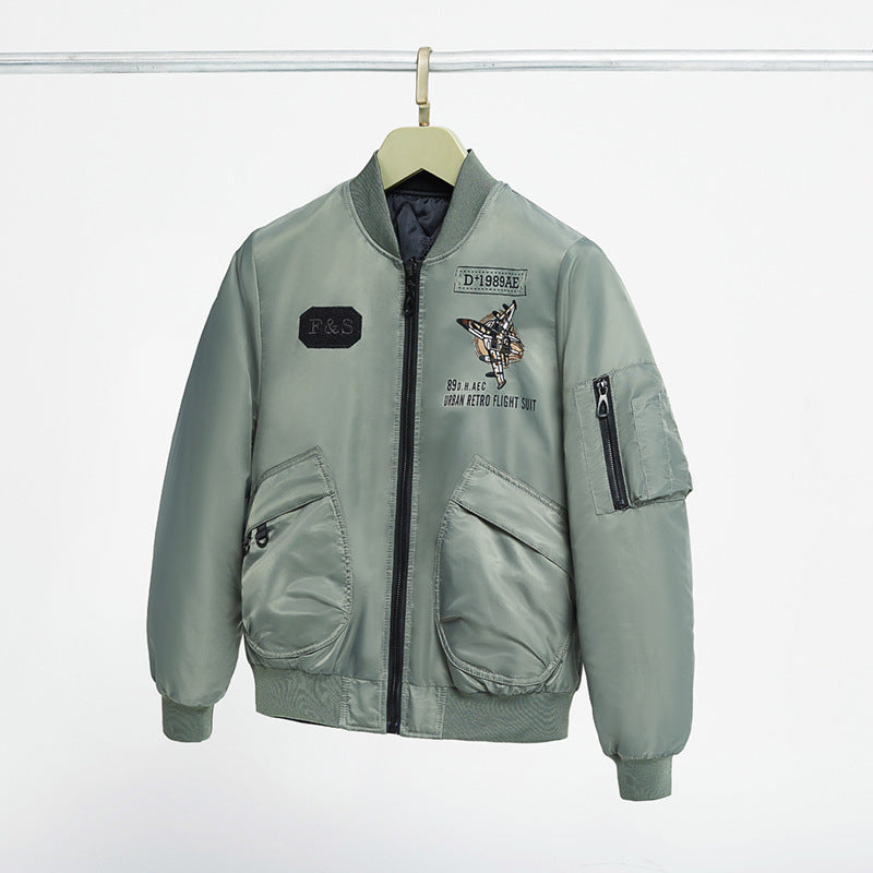 Men's  padded pilot-style bomber jacket with embroidered jet motif and dual angled front cargo pockets Mune Fashion