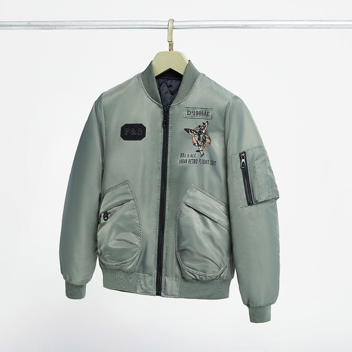 Men's  padded pilot-style bomber jacket with embroidered jet motif and dual angled front cargo pockets Mune Fashion