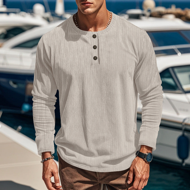 Men's knitted long sleeve henley pullover with short stand-up collar and decorative button placket Mune Fashion