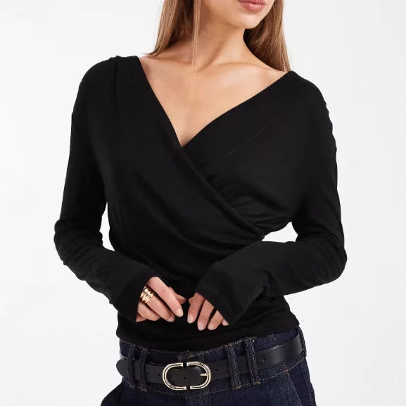 Women Figure-hugging Wrap Top with V-neck and Ruffling
