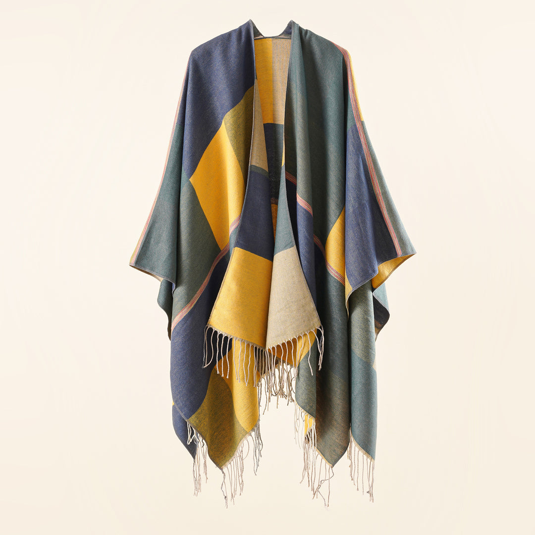 Ladies Lightweight Woven Ruana with Geometric Block Pattern and Fringe Hem Mune Fashion