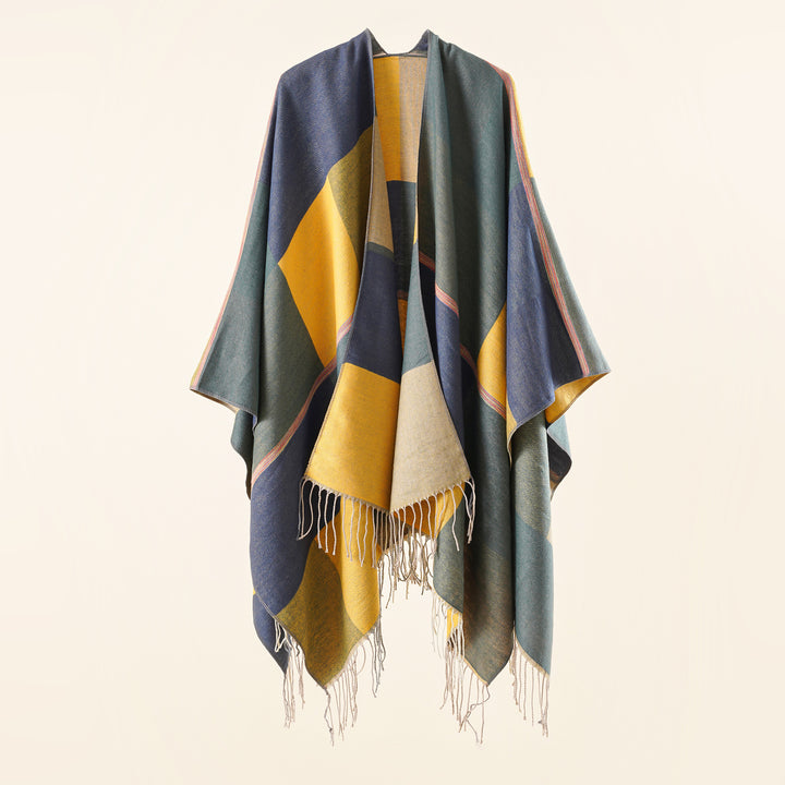 Ladies Lightweight Woven Ruana with Geometric Block Pattern and Fringe Hem Mune Fashion