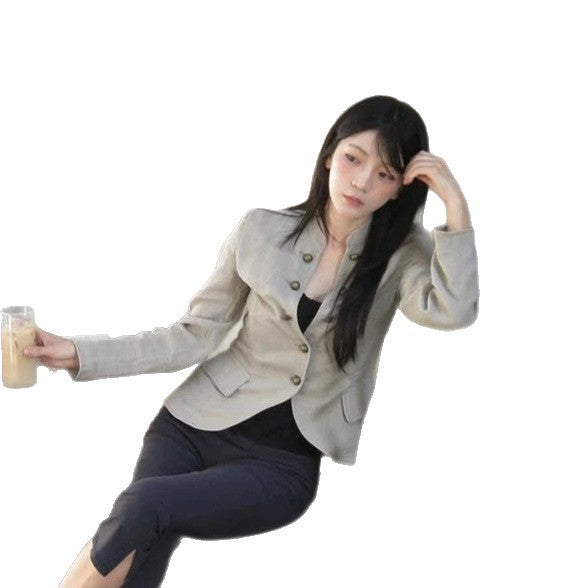Women Tailored Linen Blazer with Stand-up Collar and Decorative Button Placket Mune Fashion