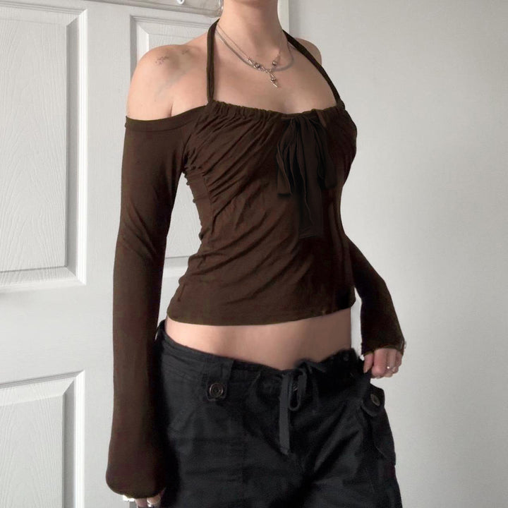 Women Short Cut Off-Shoulder Long Sleeve with Halter Neck, Bust Gathering and Binding Mune Fashion and Mune Fashion