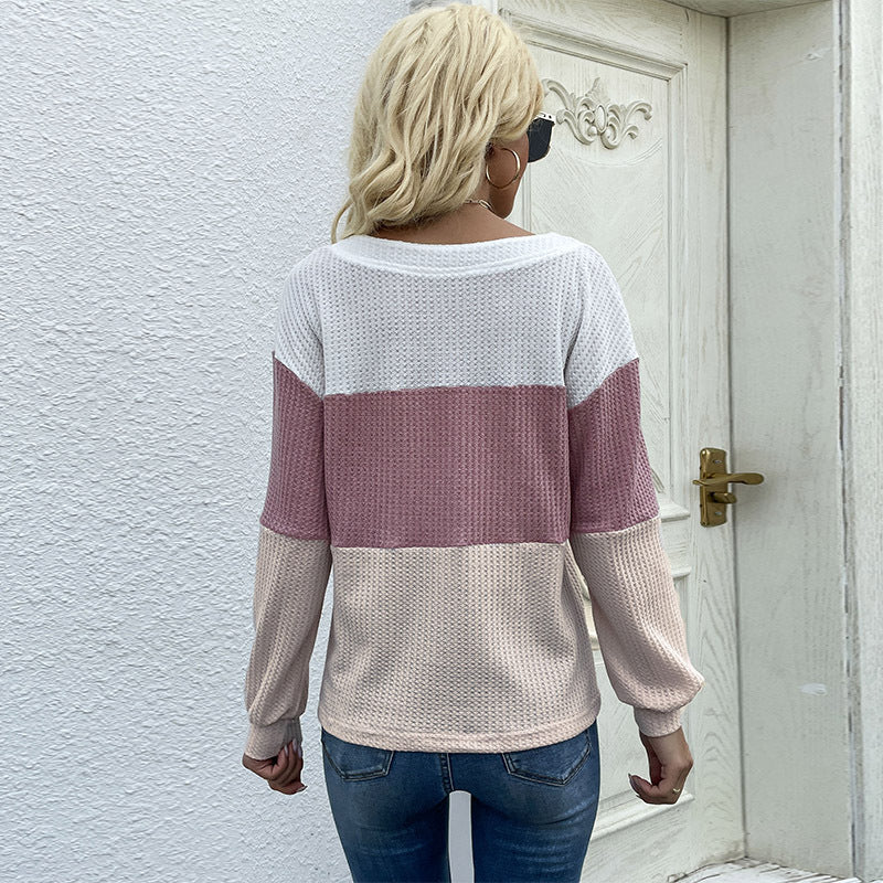 Women Color Block Waffle Knit Top with V-Neck and Decorative Button Placket Mune Fashion