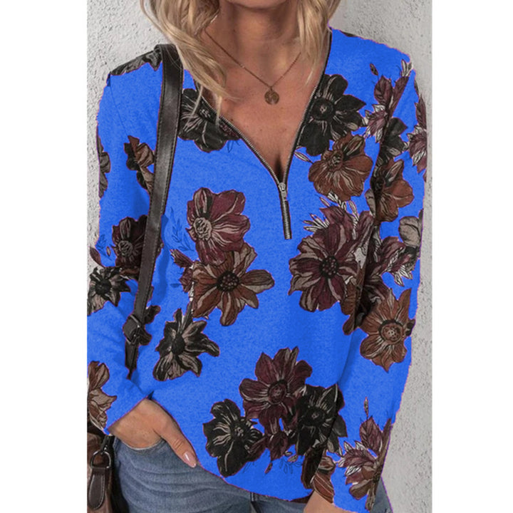 Women's Loose V-Neck Long Sleeve Shirt with Short Zip and Floral Allover Print Mune Fashion