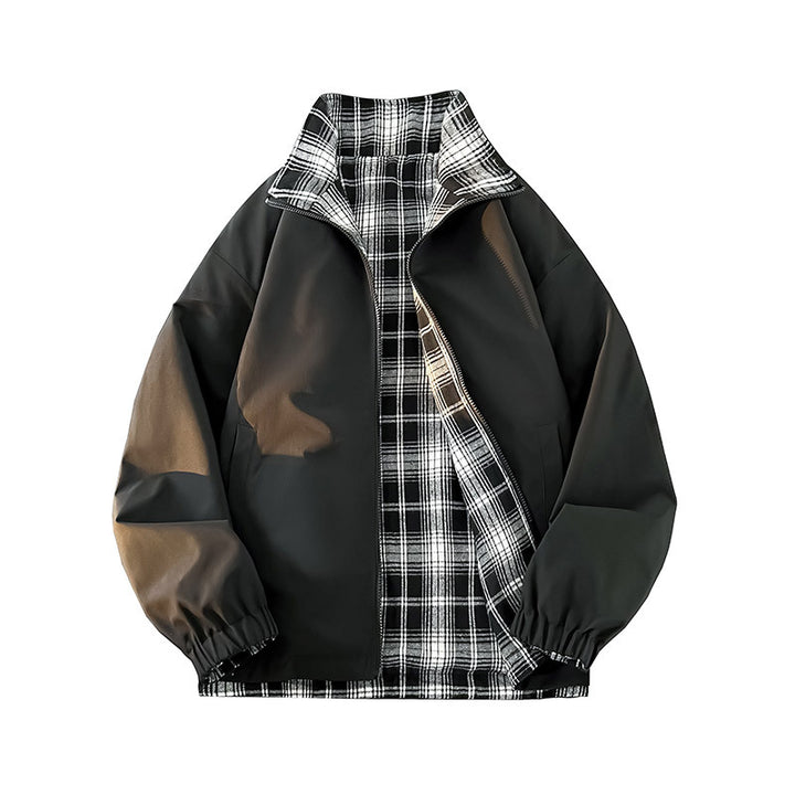 Unisex Reversible Utility Jacket with checked lining, stand-up collar and elastic cuffs Mune Fashion
