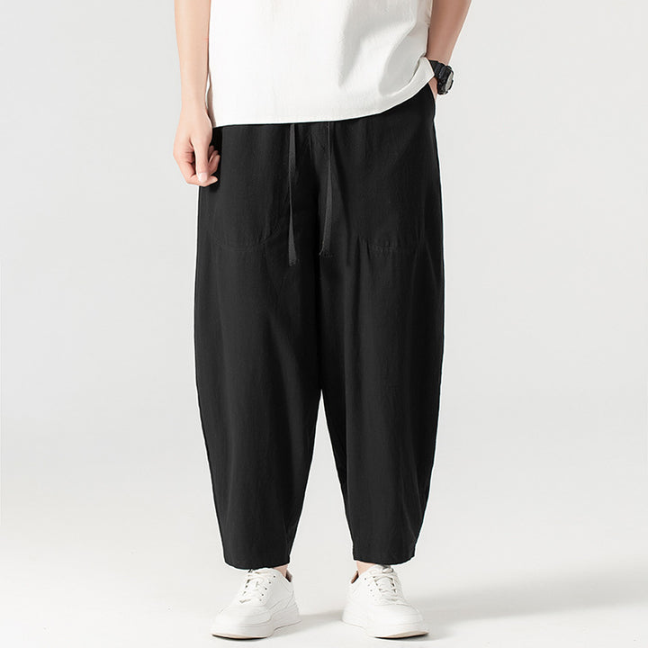 Men's Casual Linen-Cotton Pants with Wide Leg, Drawstring, and Patch Pockets Mune Fashion
