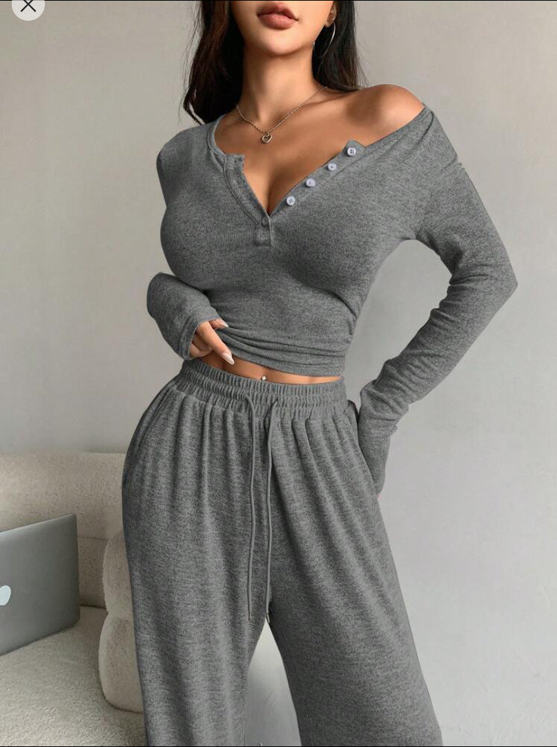 Women Casual Ribbed Knit Lounge Set with Off-Shoulder Henley Top and Wide Jog Pants Mune Fashion