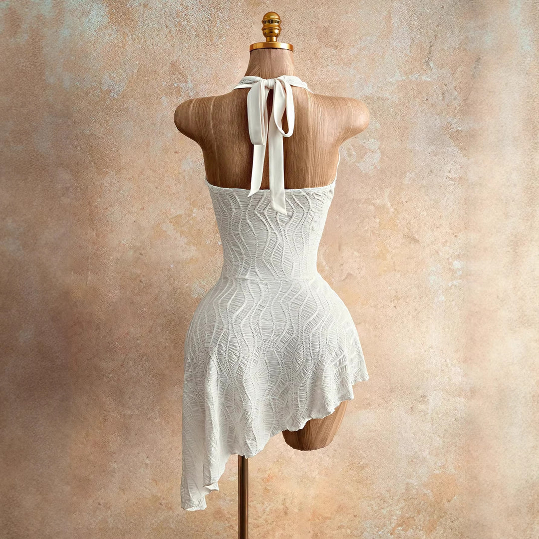 Women's figure-hugging halter mini dress with lacing, cut-out, and asymmetrical wrap skirt Mune Fashion